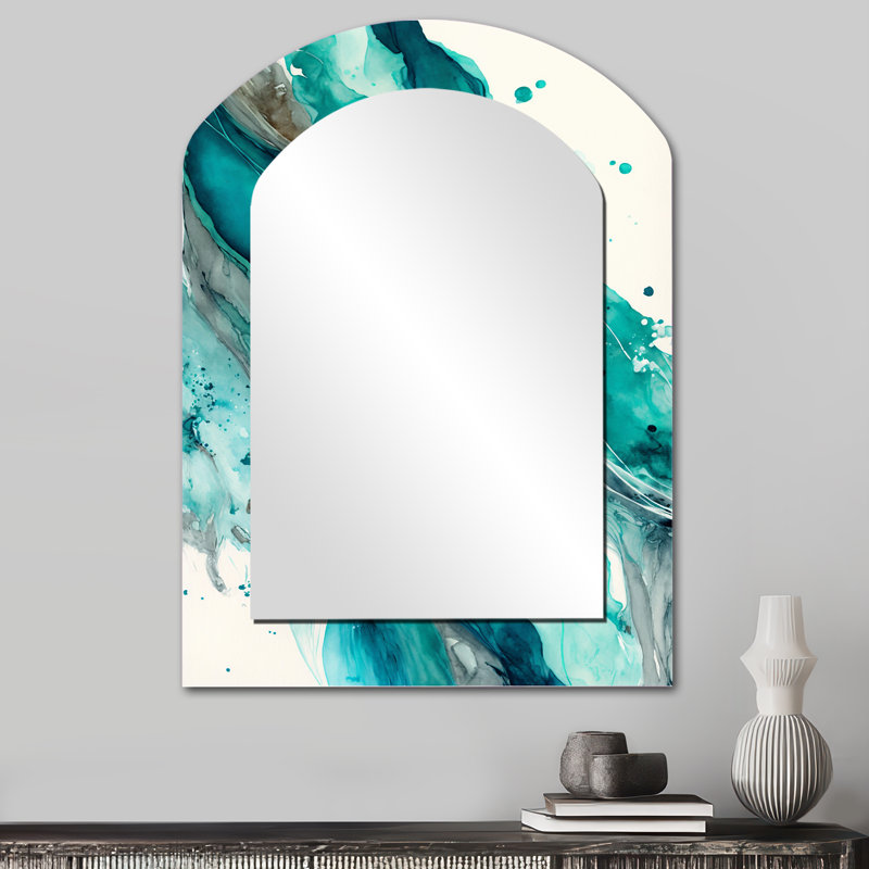 Turquoise Waves In Paradise V - miroir décoratif asymétrique à encre liquide, miroir mural arqué moderne, impression d'art en métal