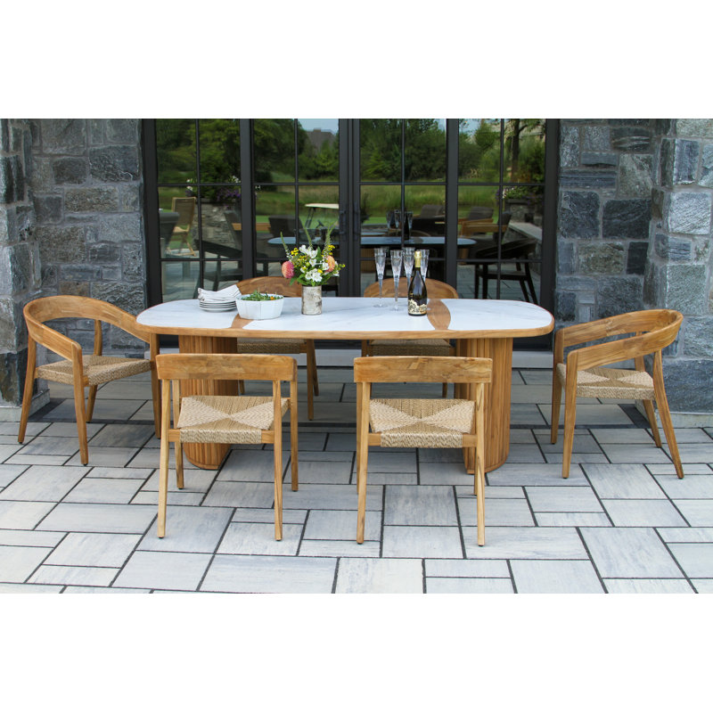 7 Pc. Teak & Wicker Oval Dining Set With Monte Bianco Stone Top, White, Tan/Natural