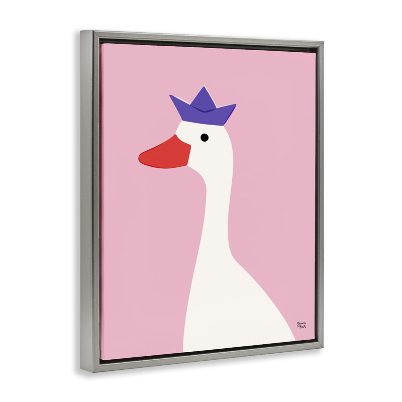 «Crowned Goose on Pink Grey», art mural sur toile flottante par Jessica Beck, H 31 po x l 25 po, Cadre flottant gris