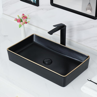 Lavabo de salle de bain vasque rectangulaire en céramique noire 13,4 "avec bonde escamotable Davivy