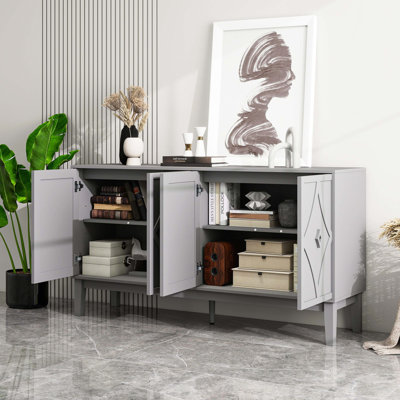 Armoire de rangement rétro à 4 portes avec portes géométriques sculptées à la main, tablettes réglables, buffet en chêne noir pour le salon et la salle à manger | Idée de cadeau