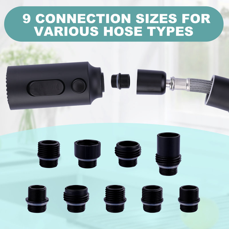 Matte Black 3-Function Kitchen Faucet Spray Head with 9 Adapters