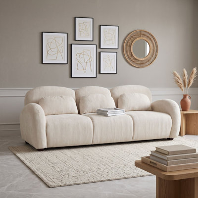 Modern Boucle Three Seat Sofa with Three Pillows and Ergonomic Design