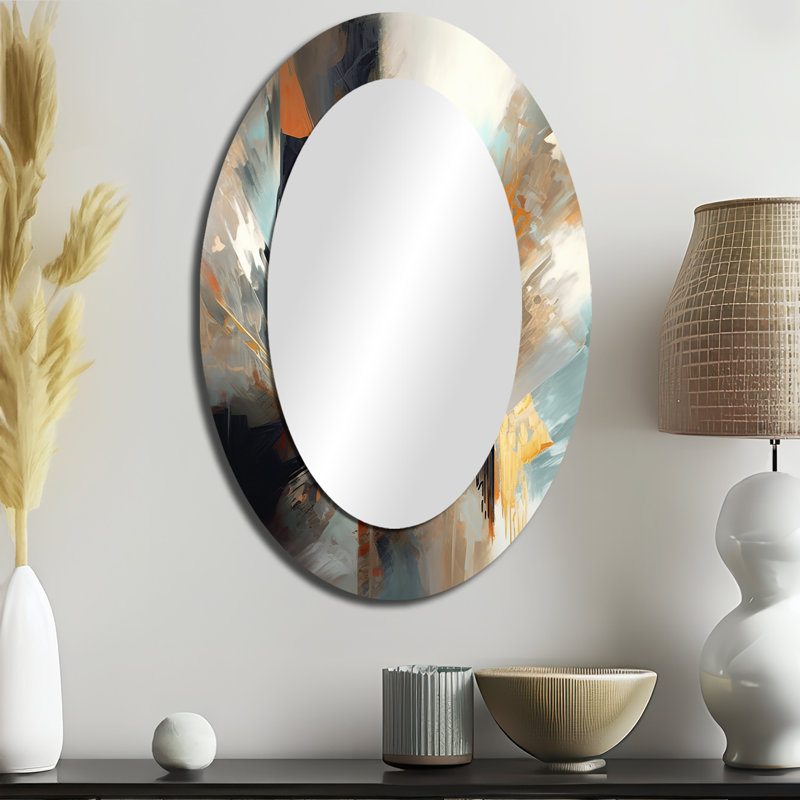 Orange And Blue Abstract Mixed Colours IV - Large Oval Wall Mirror On Metal, 36" x 24"