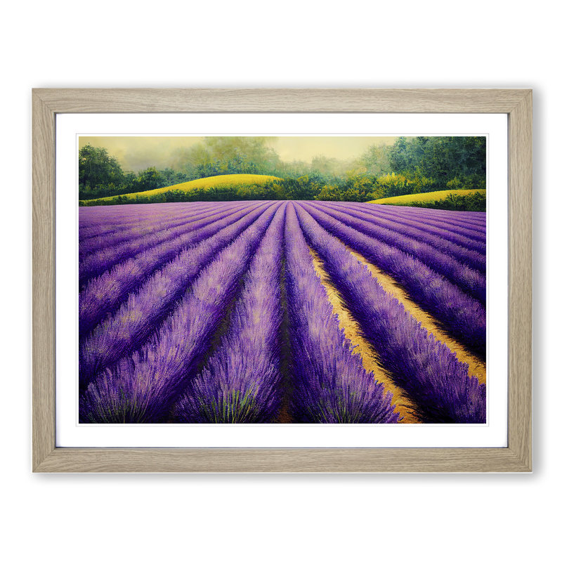Cheerful Lavender Flower Field - Single Picture Frame Painting, 25cm H x 34cm W x 2cm D, Oak