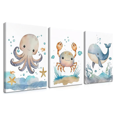 Wall Art Set Of 3, Sea Animal Baby Boys Room Canvas Wall Decor Paintings, Watercolor Ocean Kids Nursery Posters Prints Pictures For Boys And Girls Room, Bedroom 12X16 Inch Framed
