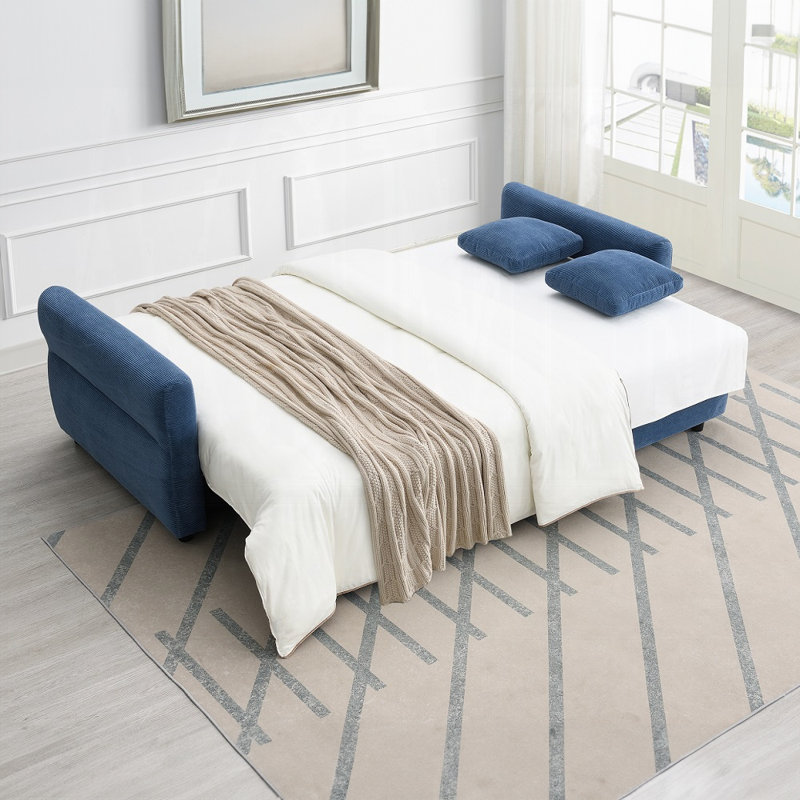 Canapé-lit Haran avec rangement et 2 coussins décoratifs, Bleu