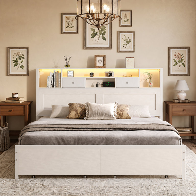 Cadre de lit plateforme avec tête de lit de rangement, lumières DEL RVB et 2 tiroirs sous le lit, Grand lit, Blanc