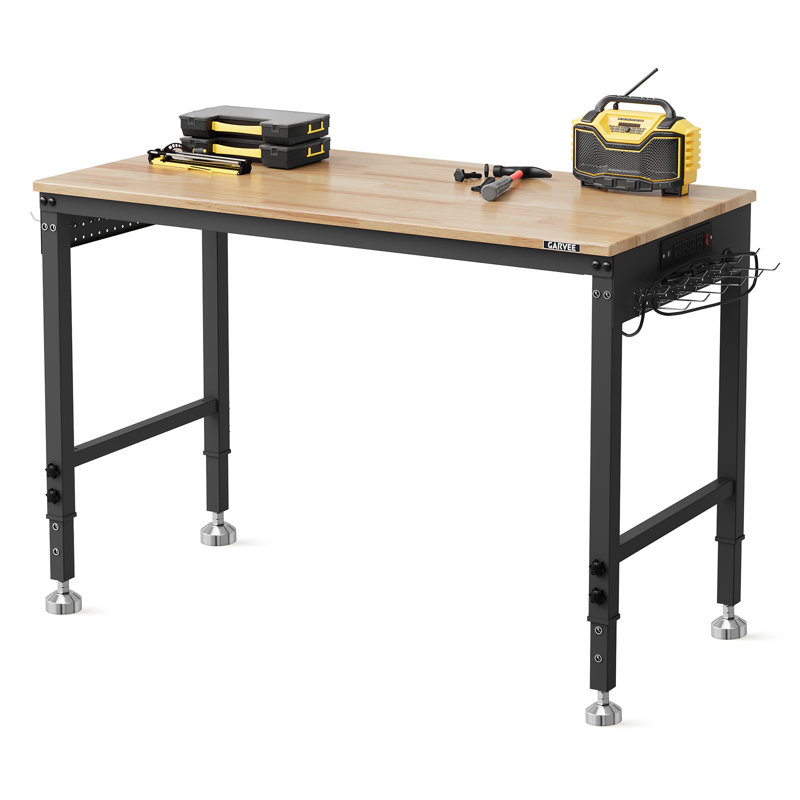 Établi à hauteur réglable avec plateau en bois d'hévéa et prises de courant, table de travail de garage robuste de 48 po avec rangement perforé pour atelier