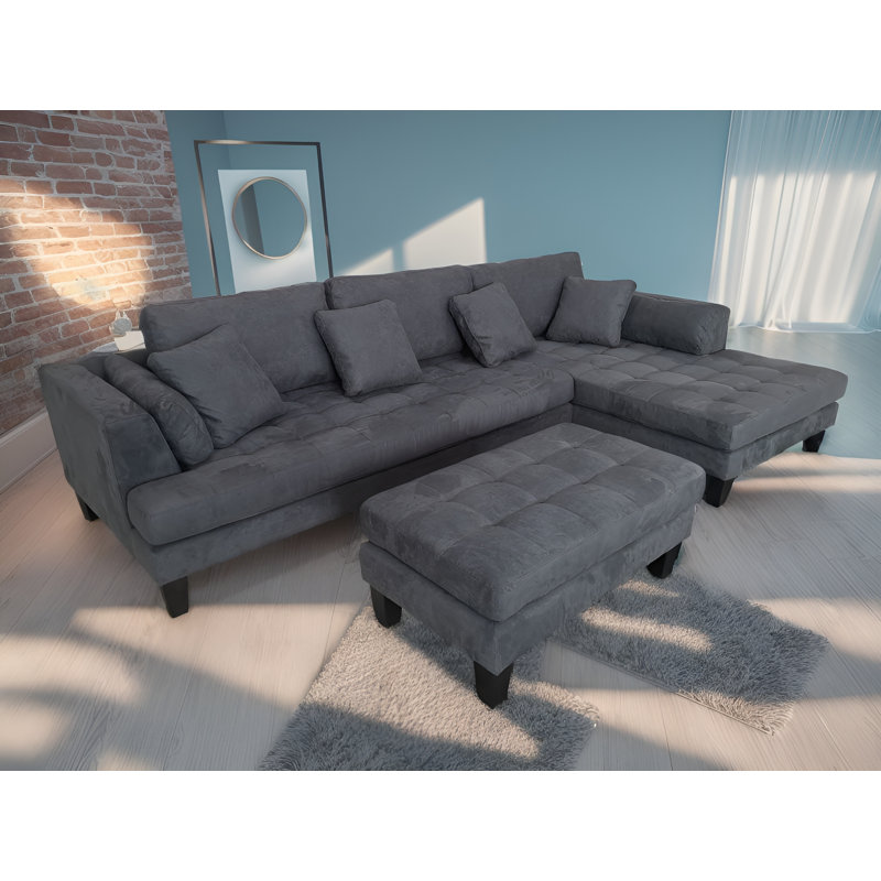 Canapé modulaire en microfibre avec repose-pieds Pritesh, Microfibres et suédine gris foncé, Accoudoir à droite (vu de face)