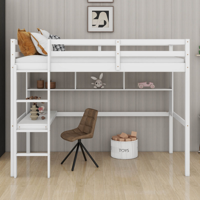Lit mezzanine simple avec tablettes et bureau, structure de lit mezzanine en bois massif avec barrière de sécurité et échelle