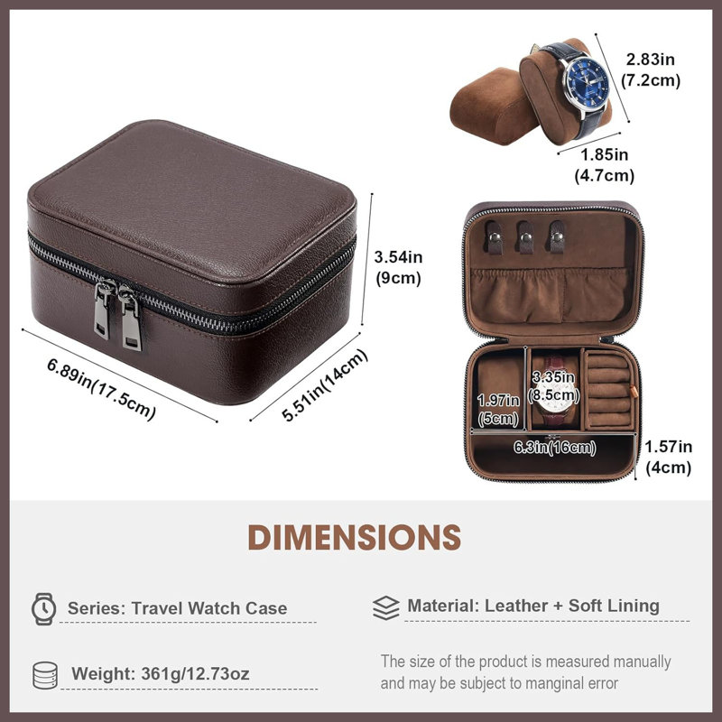 Boîtier de montre de voyage en cuir PU à 2 fentes, organisateur à fermeture à glissière pour montres, bagues et accessoires, brun