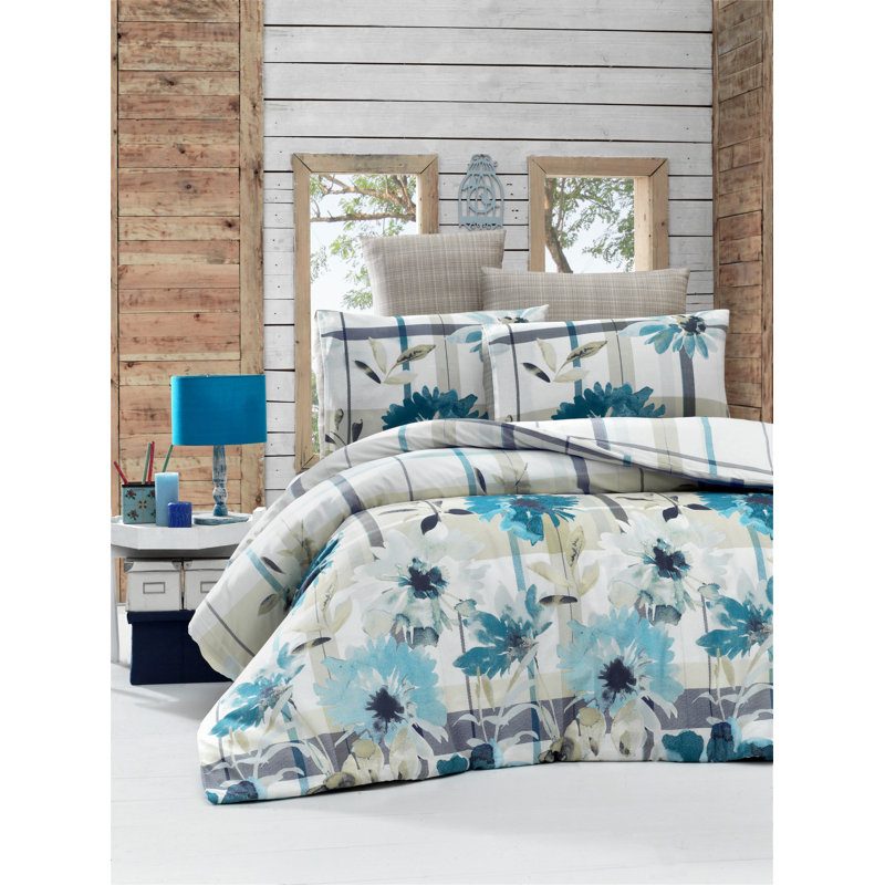 Ensemble de housse de couette 4 pièces en mélange de coton bleu / olive / gris Turgeon, Bleu / noir / blanc