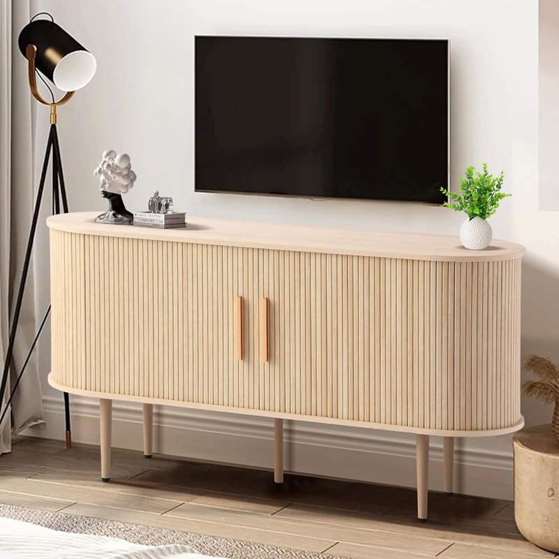 55.1" Storage Cabinet with Tambour Doors and Shelves, Fluted Sideboard Buffet Cabinet,, Natural