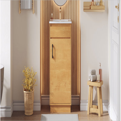 Ensemble de meuble-lavabo sur pied 20 po avec lavabo en céramique, ensemble de meuble-lavabo simple autoportant avec porte à fermeture douce, tablette réglable, style maison de campagne, bois naturel.