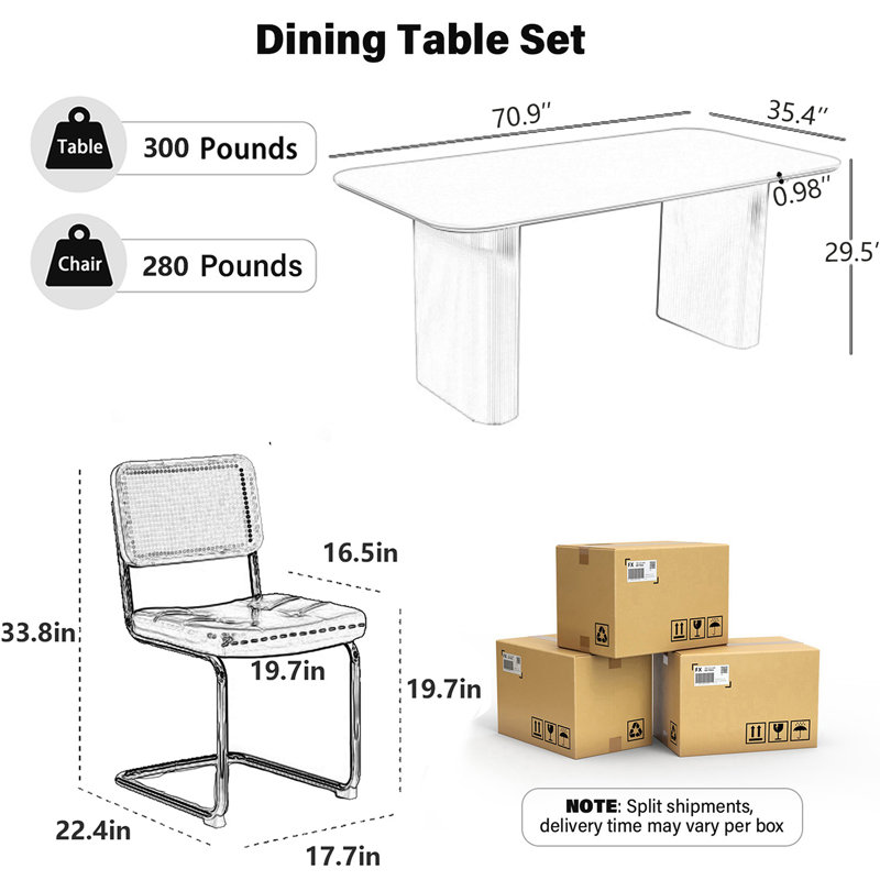 70.9"Pedestal Dining Table Set, Brown, 7, White