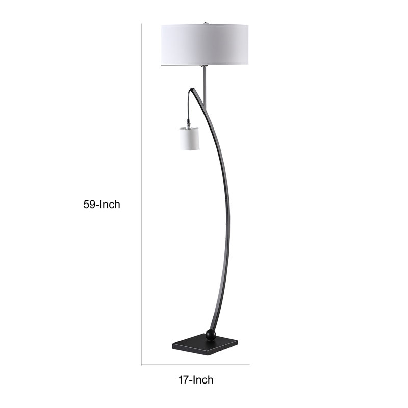 Lampe sur pied à arc 59 po Ginel, conception suspendue, 2 abat-jours cylindriques blancs, noir, Argenté