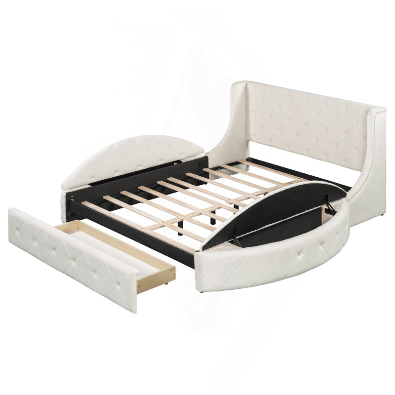 Lit plateforme tapissier en velours avec tête de lit à oreilles, 1 grand tiroir et 2 tabourets de rangement latéraux (beige)