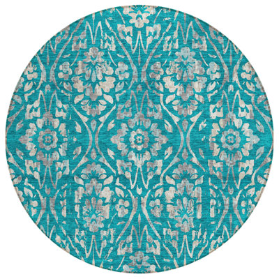 8' Teal Blue And Ivory Round Floral Washable Indoor Outdoor Area Rug