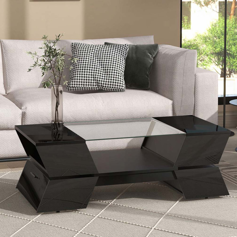 Table basse à plateau en verre avec tablettes ouvertes et armoires