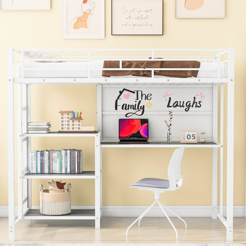Lit mezzanine simple en métal avec bureau et tableau blanc - 3 tablettes pour agrandir l'espace de la chambre à coucher, matériau facile à assembler, rangement, décoration idéale