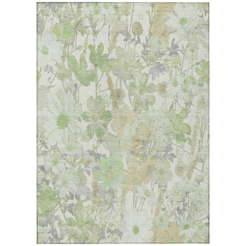3' X 5' Artichoke Green Lavender And Beige Floral Washable Indoor Outdoor Area Rug