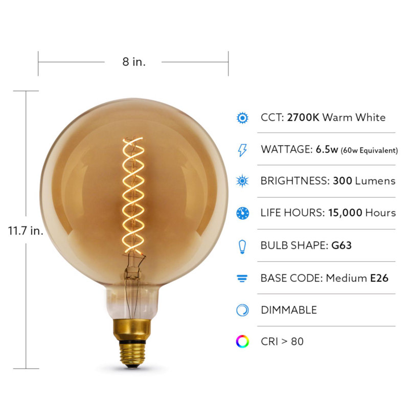 Ampoule à filament DEL Feit G63 E26 (moyen) blanc ambre équivalent 60 watts 1 paquet