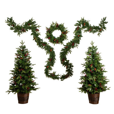 Pre-Lit Artificial Christmas Holiday 5 Piece Bundle With Pinecones & Berries - Set Of 2 5Ft. Christmas Trees, 24In. Wreath And Set Of 2 9Ft. Garlands