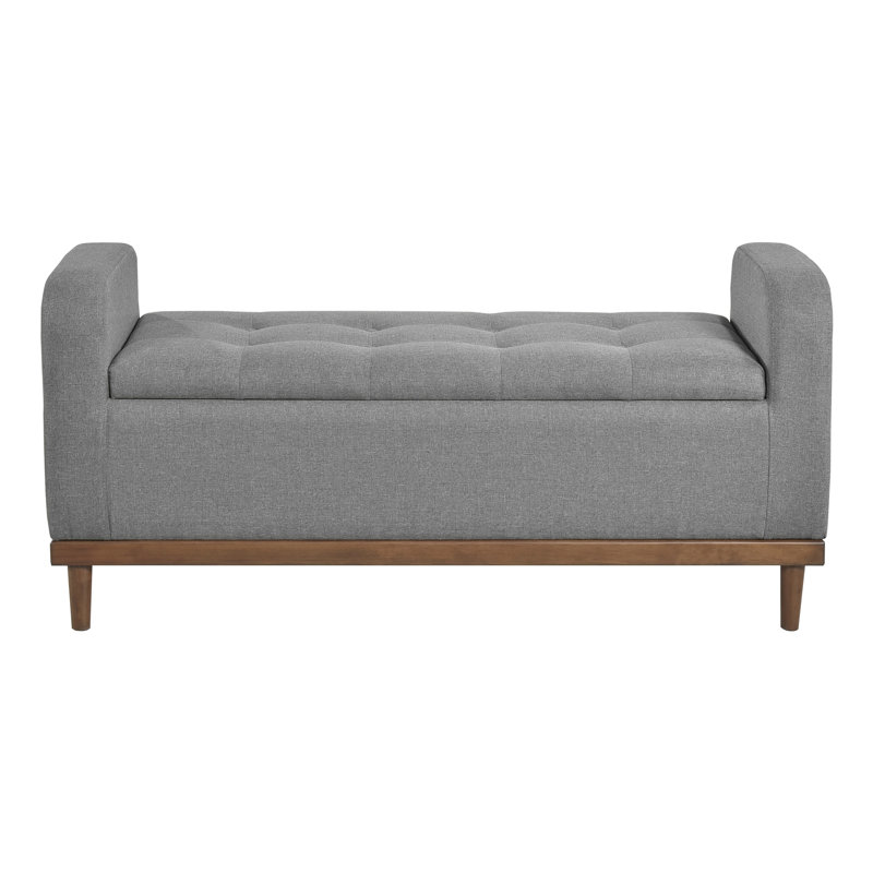 Gray Upholstered Mid-Century Modern Lift Top Storage Bench, Solid Wood Walnut Bedroom Piece Bench In Design, Fabric Upholstery,