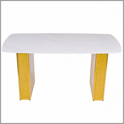 Modern Rectangular Tempered Glass Dining Table, Marble-Patterned Design with Gold Dual-Pedestal Metal Base, Ideal for Dining Room & Home Office