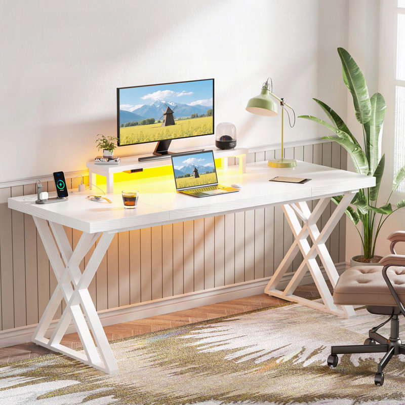 Gaming Desk with USB Charging Station – LED Lights, Monitor Riser, X-Frame, White