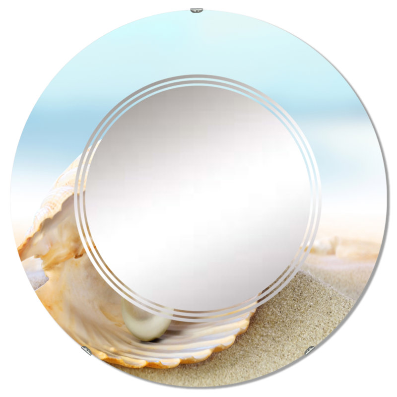 Coquillage avec une perle - Miroir mural nautique et côtier rond, 24 po x 24 po