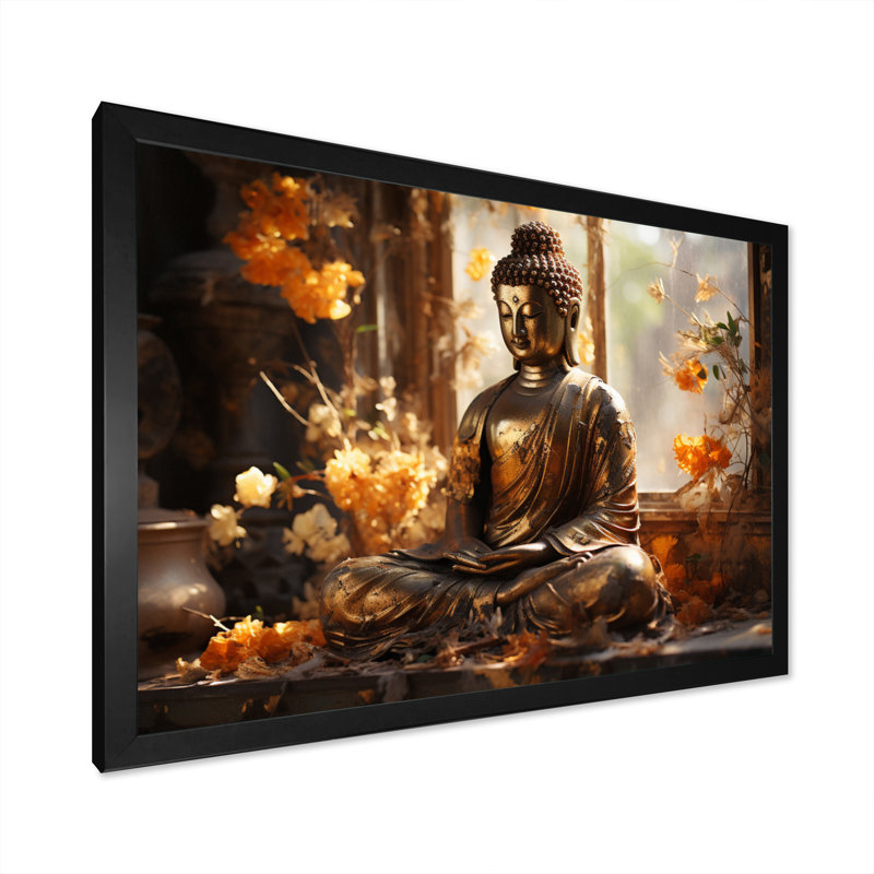 Bouddha doré thaïlandais - art mural de la Thaïlande, Cadre simple noir, H 34 po x l 44 po x P 1,5 po