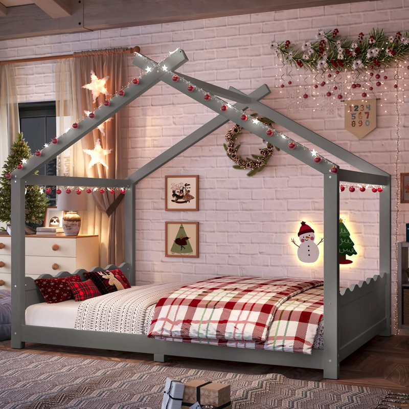 Lit double au sol avec lattes de soutien, structure de lit en bois massif, Lit double, Gris
