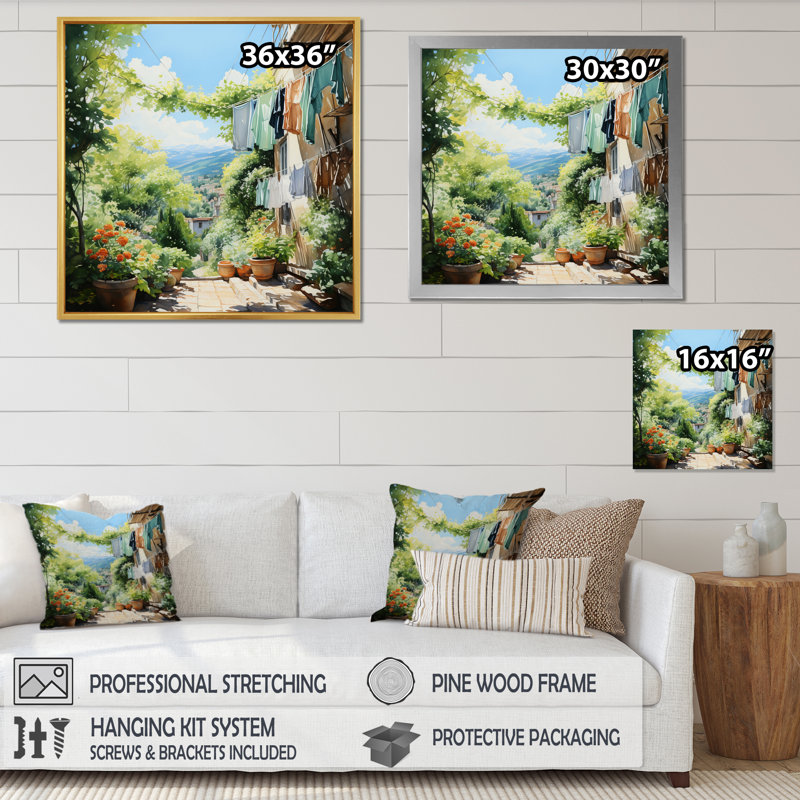 Art mural sur toile de ferme, impression de scène rustique «Laundry Day In Province I», H 36 po x l 36 po x P 1,5 po
