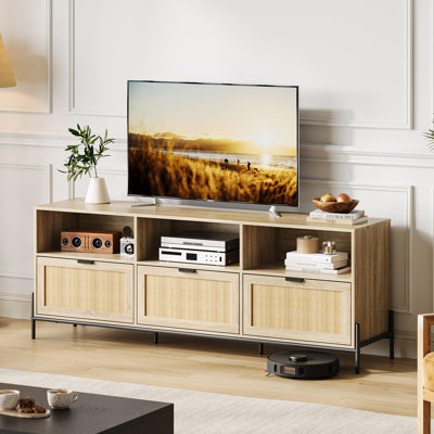 Meuble télé 65 po en rotin pour téléviseur de 75 po, meuble audio-vidéo avec 3 tiroirs, tablettes ouvertes et pieds en métal