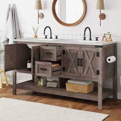 Meuble-lavabo double lavabo de style ferme de 152 cm (60 po) de largeur, avec comptoir en acrylique effet marbre blanc de Carrare et grand espace de rangement, gris pâle