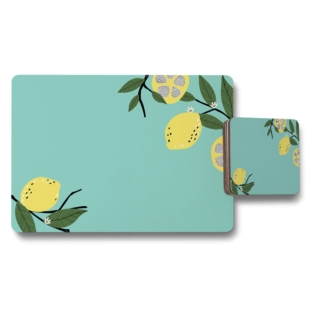 Lemon Themed Placemat and Coaster Set Turquoise Background