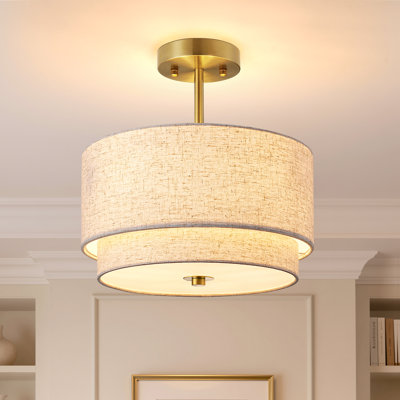 Plafonnier semi-encastré 13 po Modern Finsh Gold Finsh avec abat-jour en lin double couche
