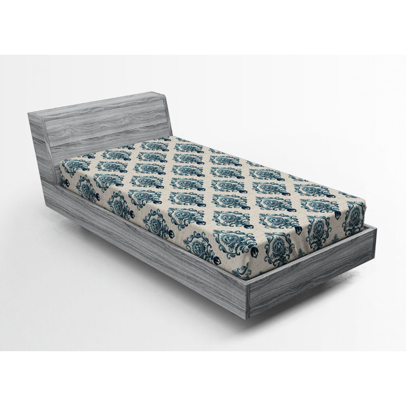 Microfiber Fitted Sheet, Twin Fitted Sheet, Petrol Blue Damask