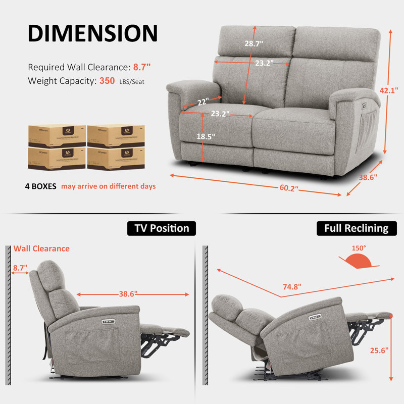 60.2" Power  Recliner Loveseat Sofa with Vibration, Dual Heating, Adjustable Headrest, Fabric, Gray