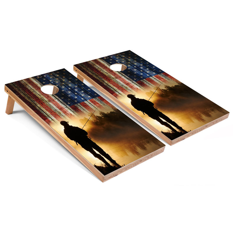 Drapeau américain avec planches de cornhole avec étui et lumières