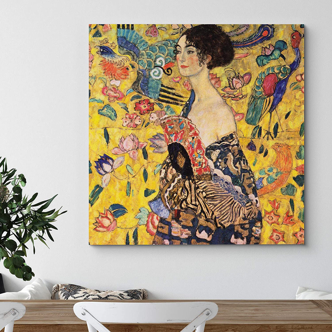Woman with Fan by Gustav Klimt - Wrapped Canvas Painting Print IDEA4WALL Frame