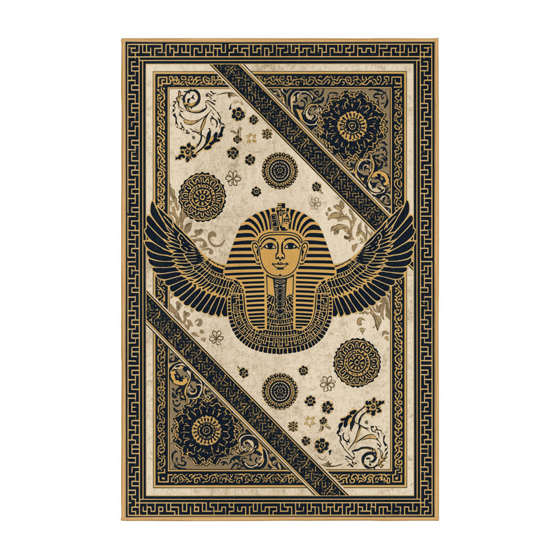 Tapis oriental orné de symboles symboliques lavables à la machine Elida Pharaoh - noir, 7 x 10