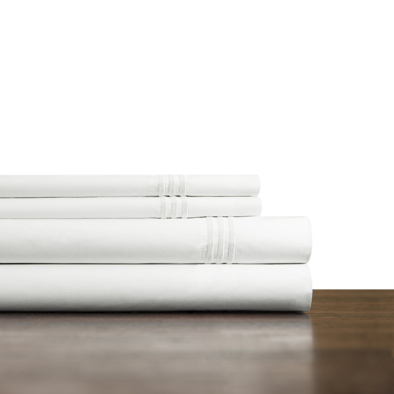 Pointehaven 300 Thread Count 100% Long Staple Cotton Percale Embroidered Sheet Set, Queen, White