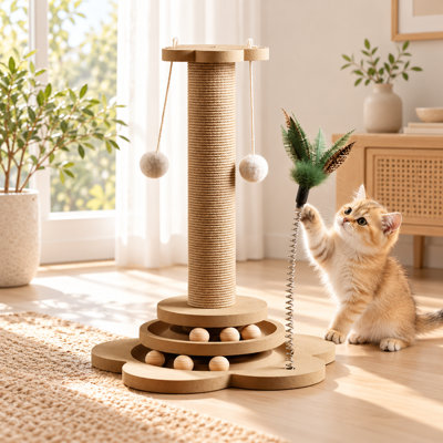 Tour à griffer multifonctionnelle en sisal avec perchoir, piste de balle et jouets interactifs pour chat