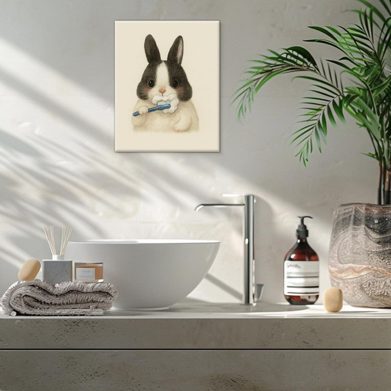 Mignon lapin de Pâques, salle de bain, impression murale, lapin se brossant les dents, peinture sur toile, image de Pâques, décoration murale pour la salle de bain des enfants, encadré de 8 po x 10 po