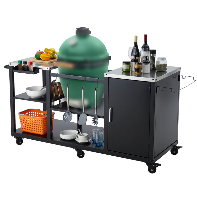 Table de gril d'extérieur noire 63 pouces pour Big Egg Table de chariot en métal avec crochets et supports Support de gril robuste compatible avec les grands gros œufs verts