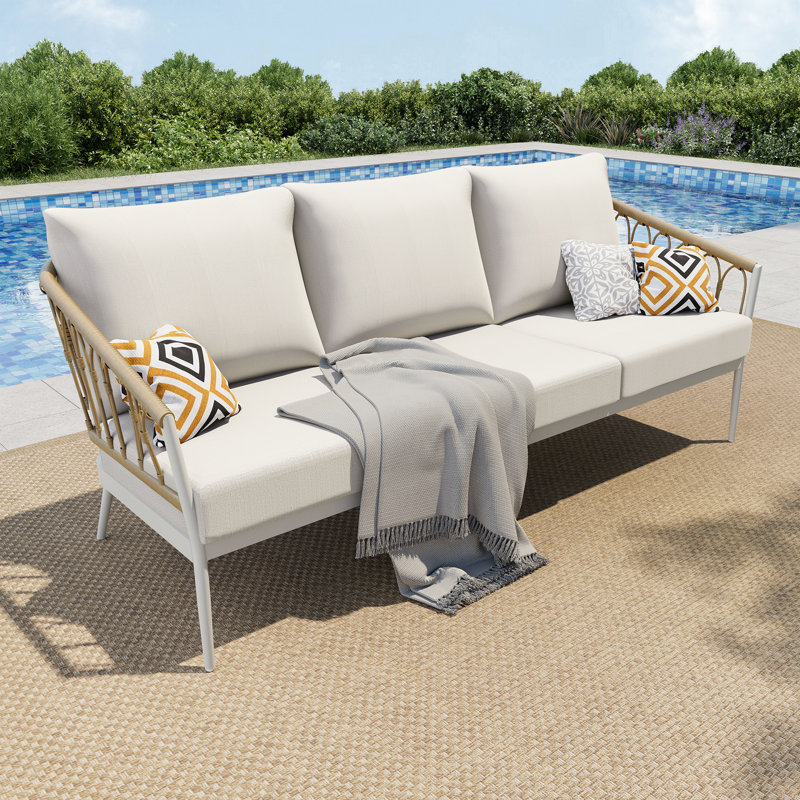 Breeze 1-Piece Wicker Patio 3-Seater Sofa With Beige Cushions