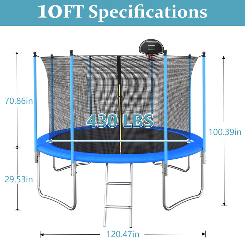 SUMIJ 10FT Outdoor Tranpoline for Kids and Adults with Safety Enclosure Net and T-Hook, Backyard Tranpoline